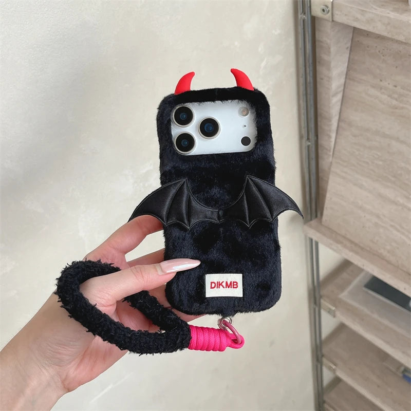 Korean Fluffy Plush Little Devil Case For iPhone 17 16 15 14 Pro Max Case 13 Cute Girl Winter Warm Cover Fur Soft Coque