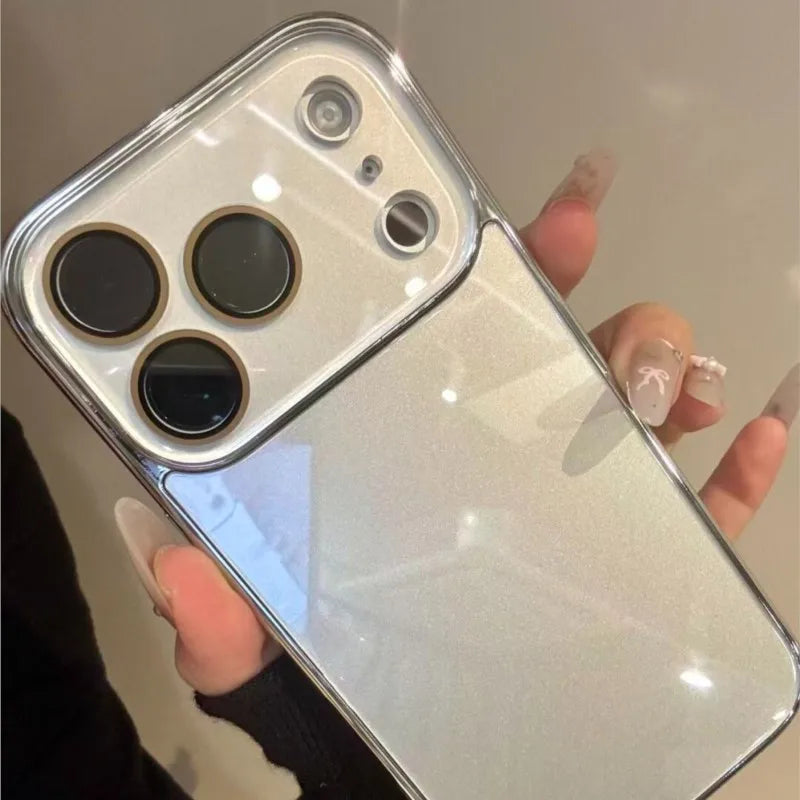 Luxury Tempered Glass Glossy Case for iPhone 17 16 15 Plus 14 13 12 Pro Max Plating Bumper Shockproof Hard Back Lens Cover Funda