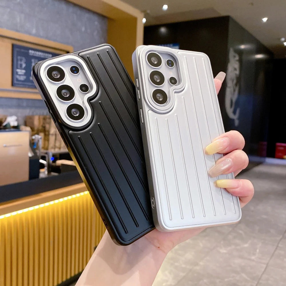 S26 Ultra Luxury 3in1 Striped Luggage Texture Case for Samsung Galaxy S26 S25 S24 S23 S22 Ultra Titanium glossy Shockproof Cover