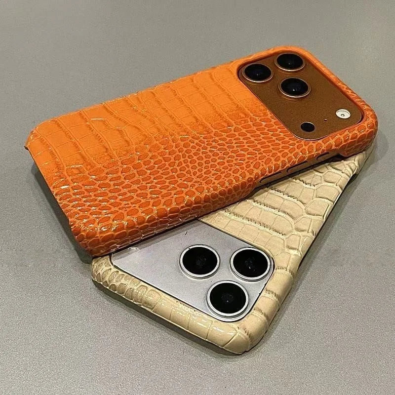 Luxury Glossy Crocodile Leather Texture Phone Case For iPhone 17 Air 16 15 14 Plus 13 11 12 Pro Max Frameless Shockproof  Cover