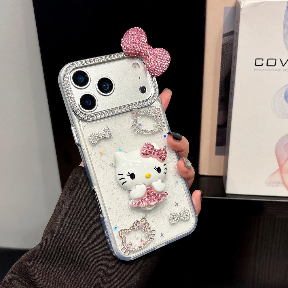 Cute Cartoon Sanrio Hello Kitty Bling Glitter Diamond Phone Case For iPhone 17 16 15 14 13 12 11 Pro Max Shockproof Hard Cover