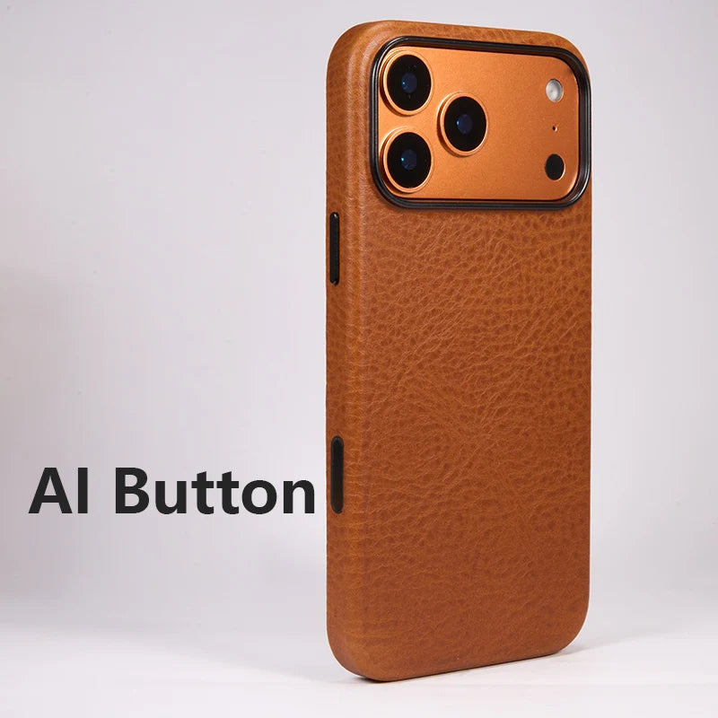 Italian Cow Leather For iPhone 17 Pro Max Case Leather Phone Back Cover For iPhone 17 Pro Max Magnetic Camera Button Brown Blue