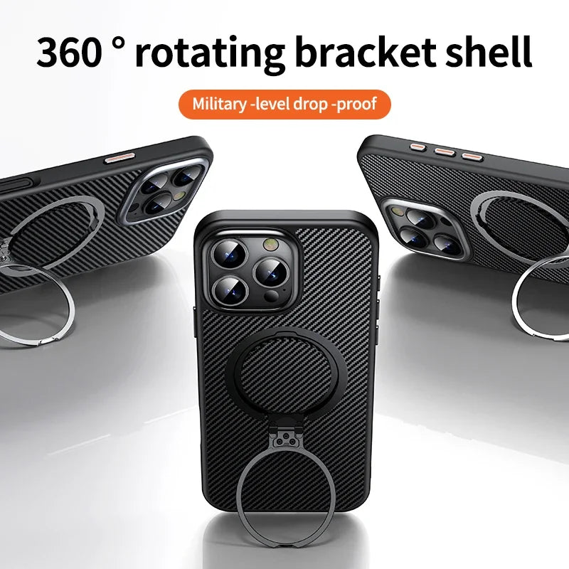 360° Ring Holder Carbon fiber Magnetic phone Case for iPhone 12 13 15 14 16 Pro max Wireless Charging Stand Suitable Phone Cover