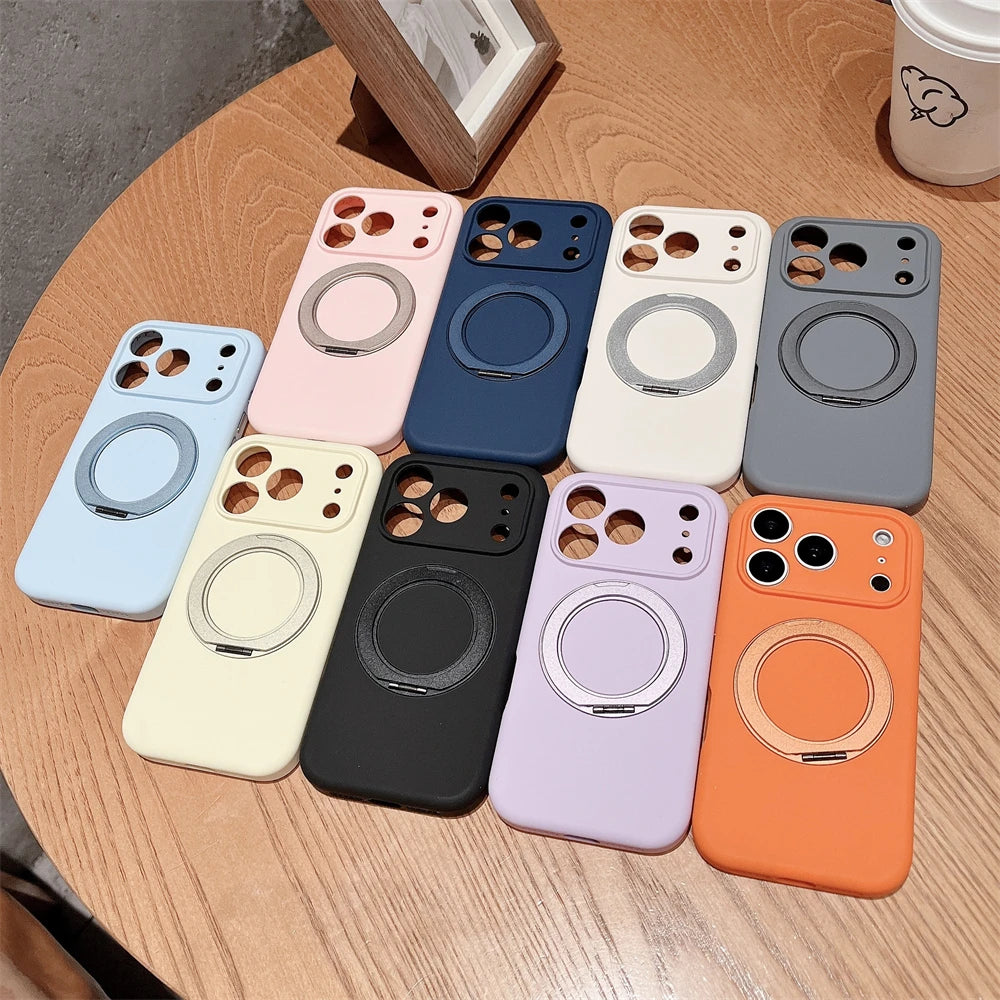360 Magnetic Stand Liquid Silicone Matte Phone Case For iPhone 17 16 15 14 Pro Max For Magsafe Charge Holder Protector Cover