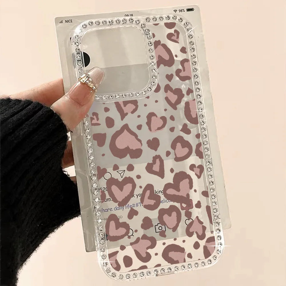 Heart-Shaped Leopard Print Phone Case For iPhone 16 Pro Max 17 Pro 13 16 14 15 17 12 Air 11 Shockproof Funda Cover Transparent