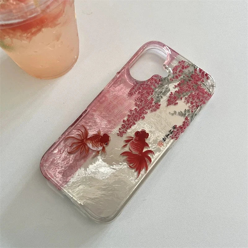 Vortex pattern painted calligraphy flower branch koi phone case with koi pendant for iPhone 11 12 13 14 15 16 17 pro max