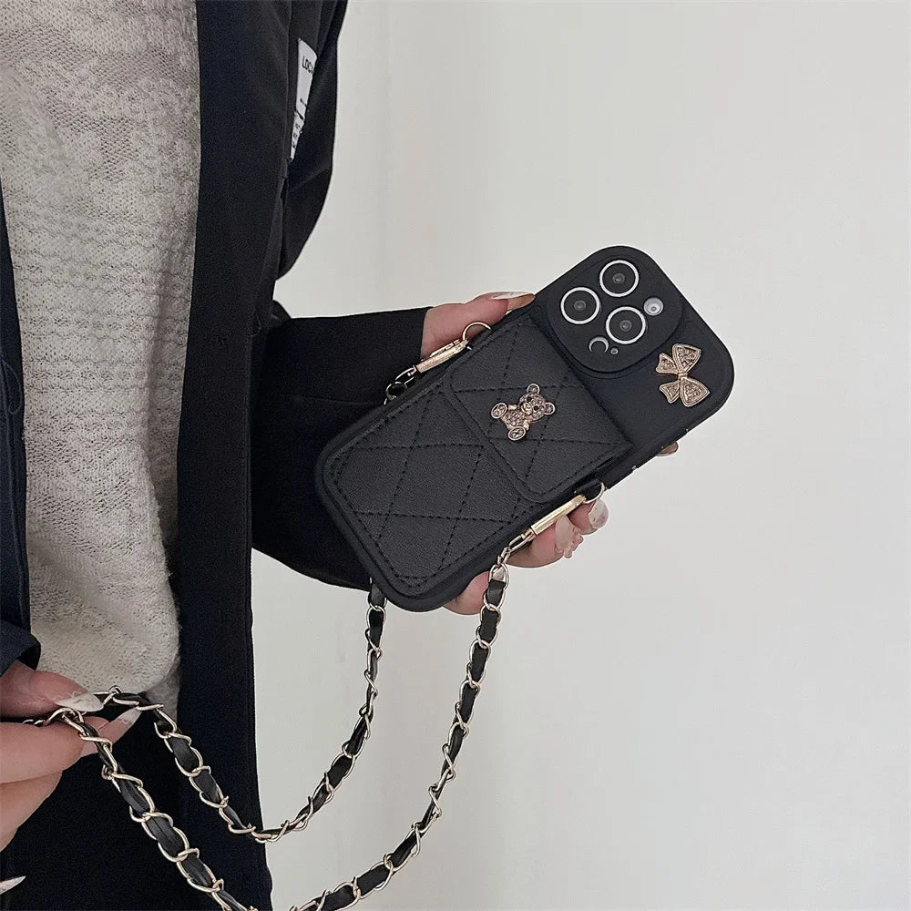 3D Cute Bear Wallet Card Holder Crossbody Lanyard Case For iPhone 17 Air 16 Pro Max 14 12 11 13 15 Plus X XS SE 2020 2022 6 7 8