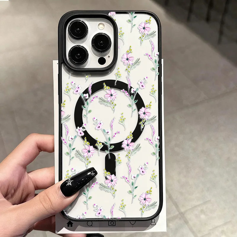 Magnetic Phone Case For iPhone 11 12 13 14 15 16 17 Pro Max Plus Air Flowers Pattern Design Transparent Shockproof Bumper Cover