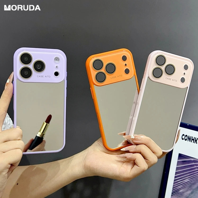 for iPhone 17Pro Fashion Mirror Big Window Phone Case for iPhone 15 16 17 Pro Max 14 13 Make Up With Lens Film Shockproof Cover