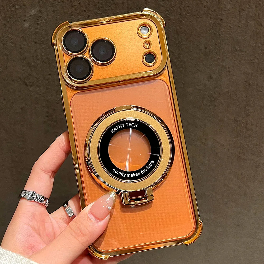 Premium Transparent Magnetic TPU Case for iPhone 17 16 15 14 13 12 11 Pro Max 16Plus Air With Ring Stand Plated Clear Soft Cover
