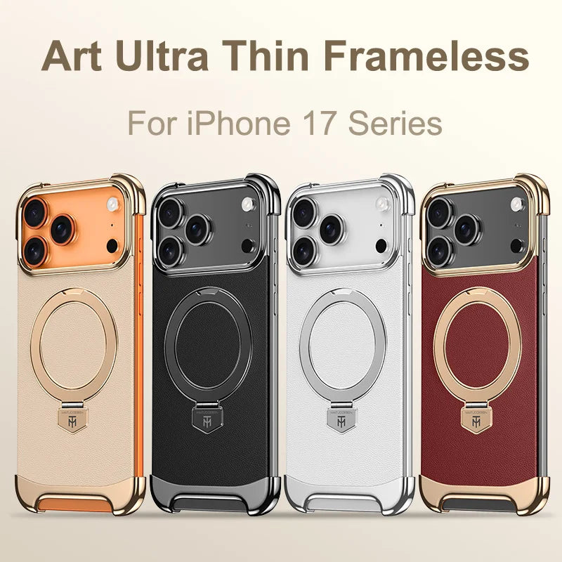 Luxury Leather Ultra Thin Frameless Magnetic Case For iPhone 17 16 15 14 13 Pro Max 17Air 17Pro Metal Bracket Anti-Drop Bumper