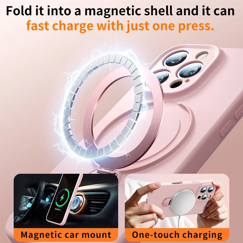 For Magsafe Liquid Silicone Phone Case For iPhone 17 Pro Max Air 15 14 Plus 11 13 12 16 Pro Magnetic Ring Stand Protection Cover