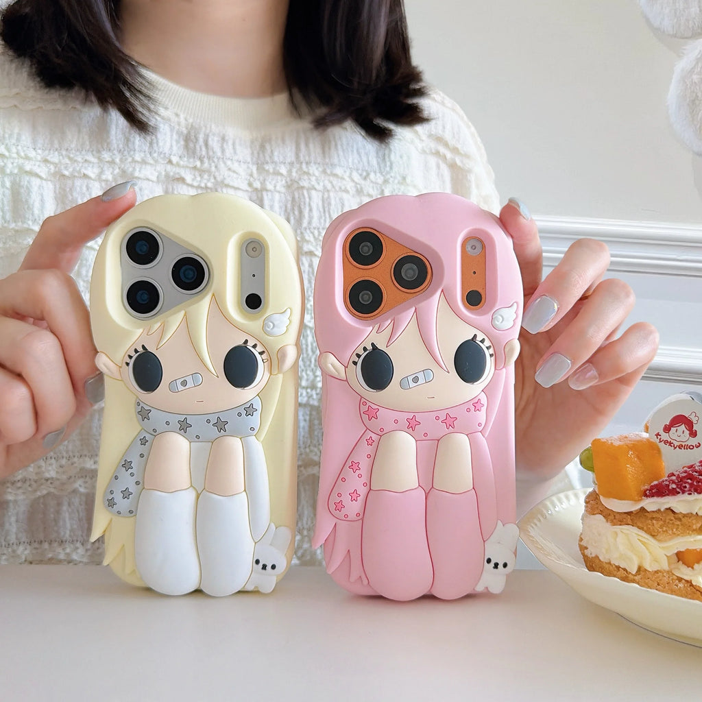 For iPhone 17Pro Max 16 Plus 15 14 13 12 Pro Max Phone Case 3D Cartoon Y2K Cute Little Girl Soft Silicone Cover With Lanyard