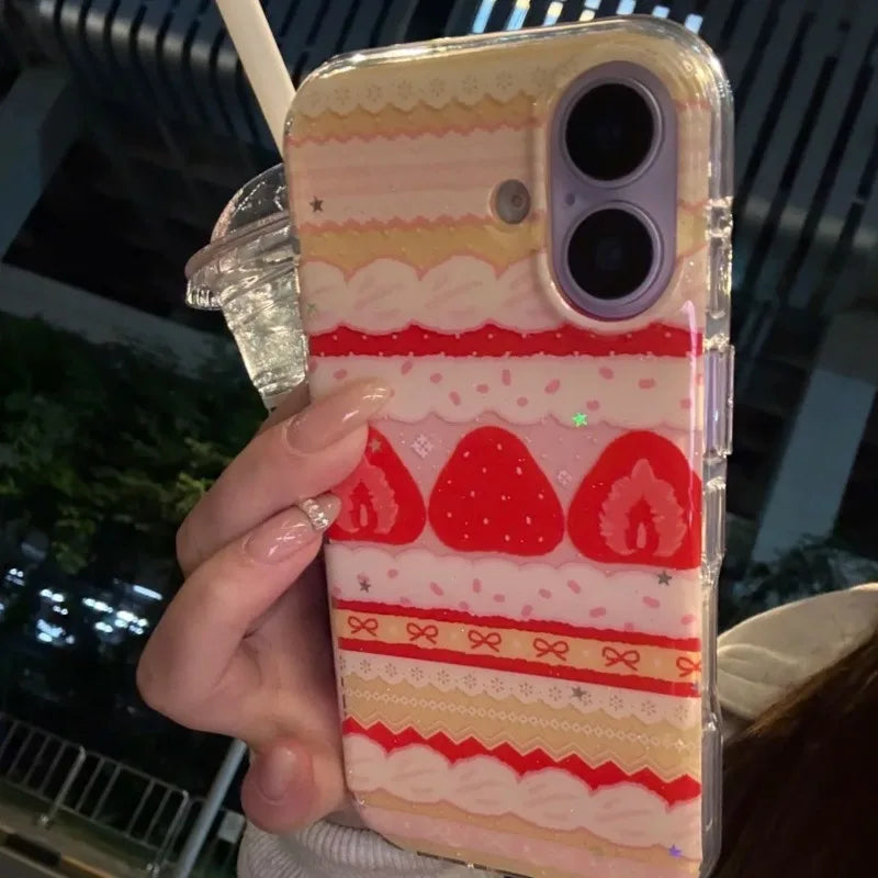Cream Strawberry Cake Lace Bowknot Phone Case For iPhone 17 16 15 14 13 12 11 Pro Max 16e 17 Air X XR XS Max 7 8 Plus Soft Cover