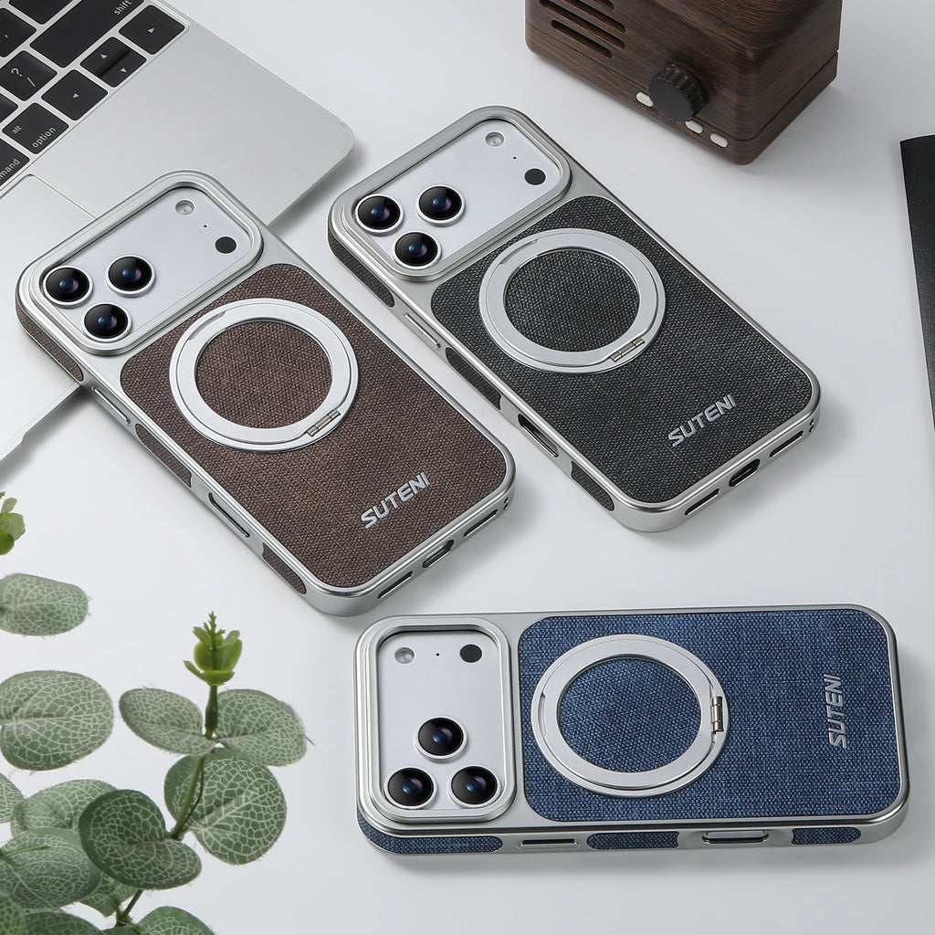 SUTENI Faux Leather Magnet Wireless Charging Phone Case 360° Rotating Stand Ring Buckle Frosted Feel For iPhone 17 Pro Max 16 15