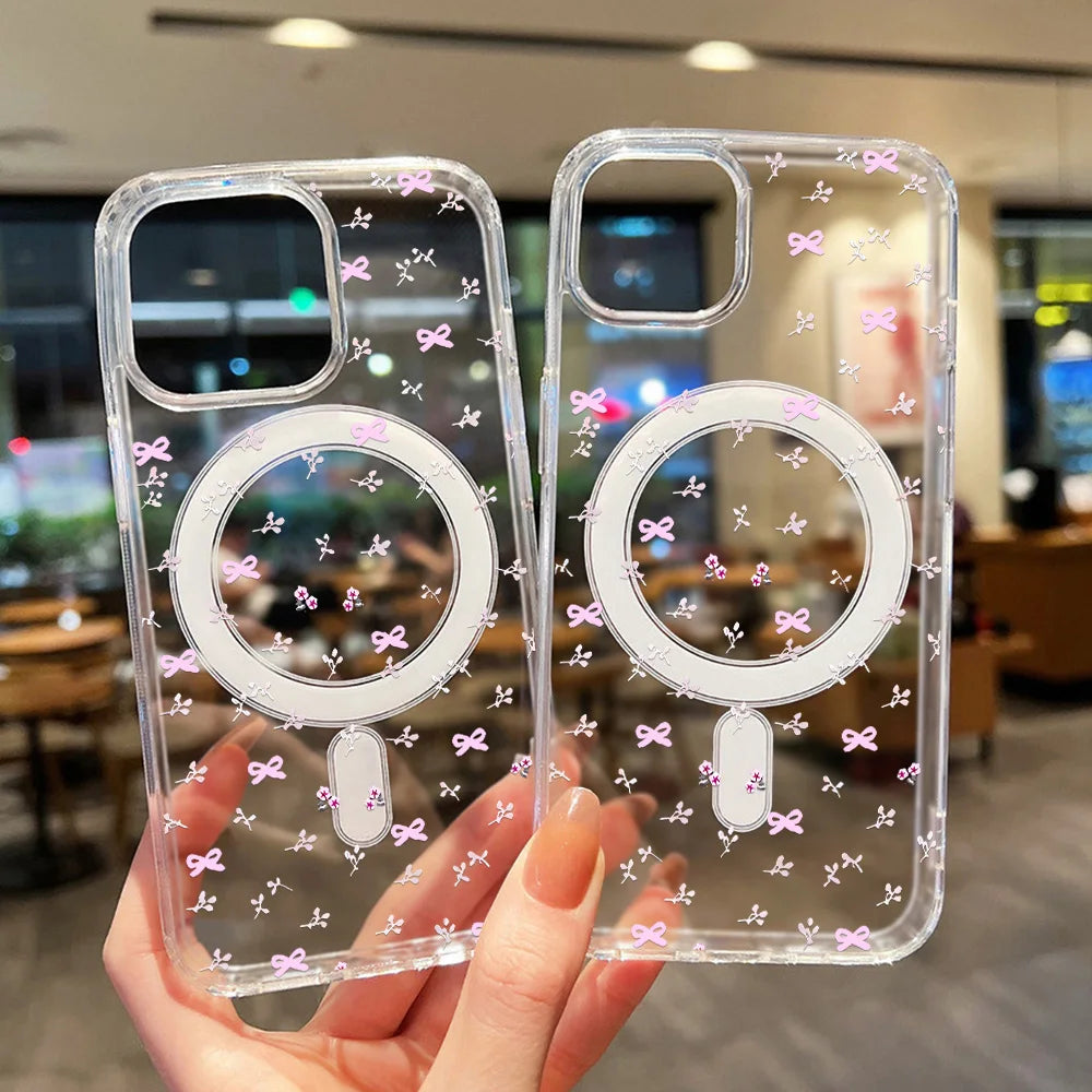Cute Bow For Magsafe Wireless Charger Case For iPhone 17 14 15 13 11 12 16 Pro Max Funda iPhone 17Air Magnetic Clear Phone Cover