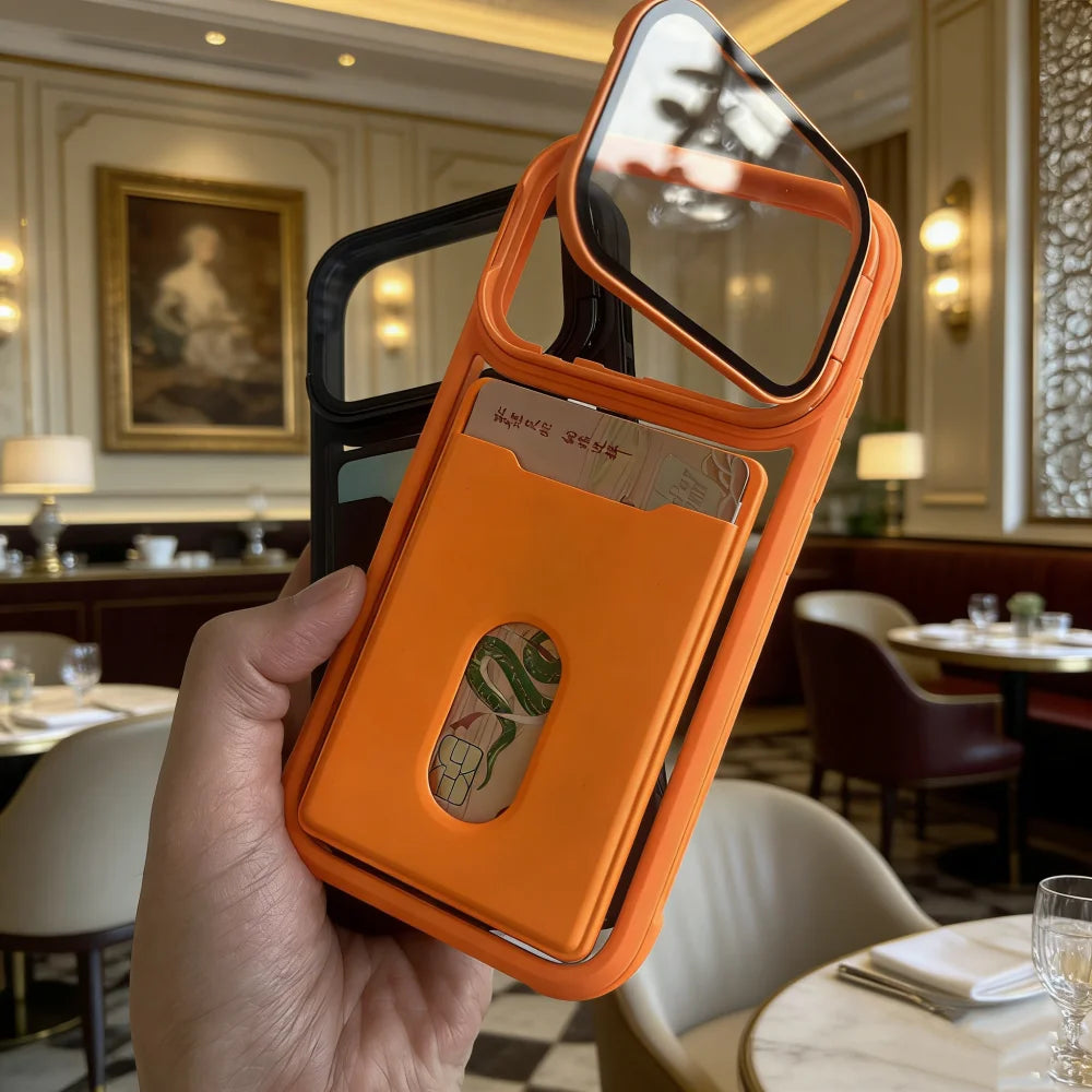 Luxury Card Holder Slot Wallet Photo Pocket Phone Case For iPhone 17 Air 16 15 14 Plus 13 12 11 Pro Max Lens Bracket Matte Cover
