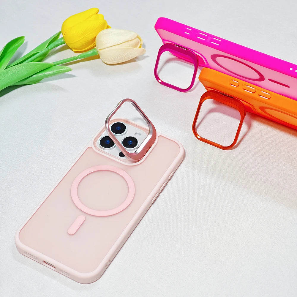 Metal Camera Folding Stand Magnetic Matte Cover For iPhone 16 13 12 Mini 11 14 15 Pro Max 16 Plus Translucent For Magsafe Case