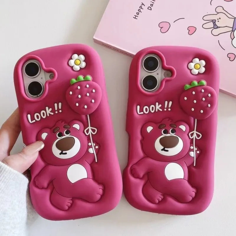 3D Lotso Strawberry Bear Silicone Phone Case with Strawberry Balloon for iPhone 16 15 14 13 12 11 Pro Max Cute Shockproof Cover