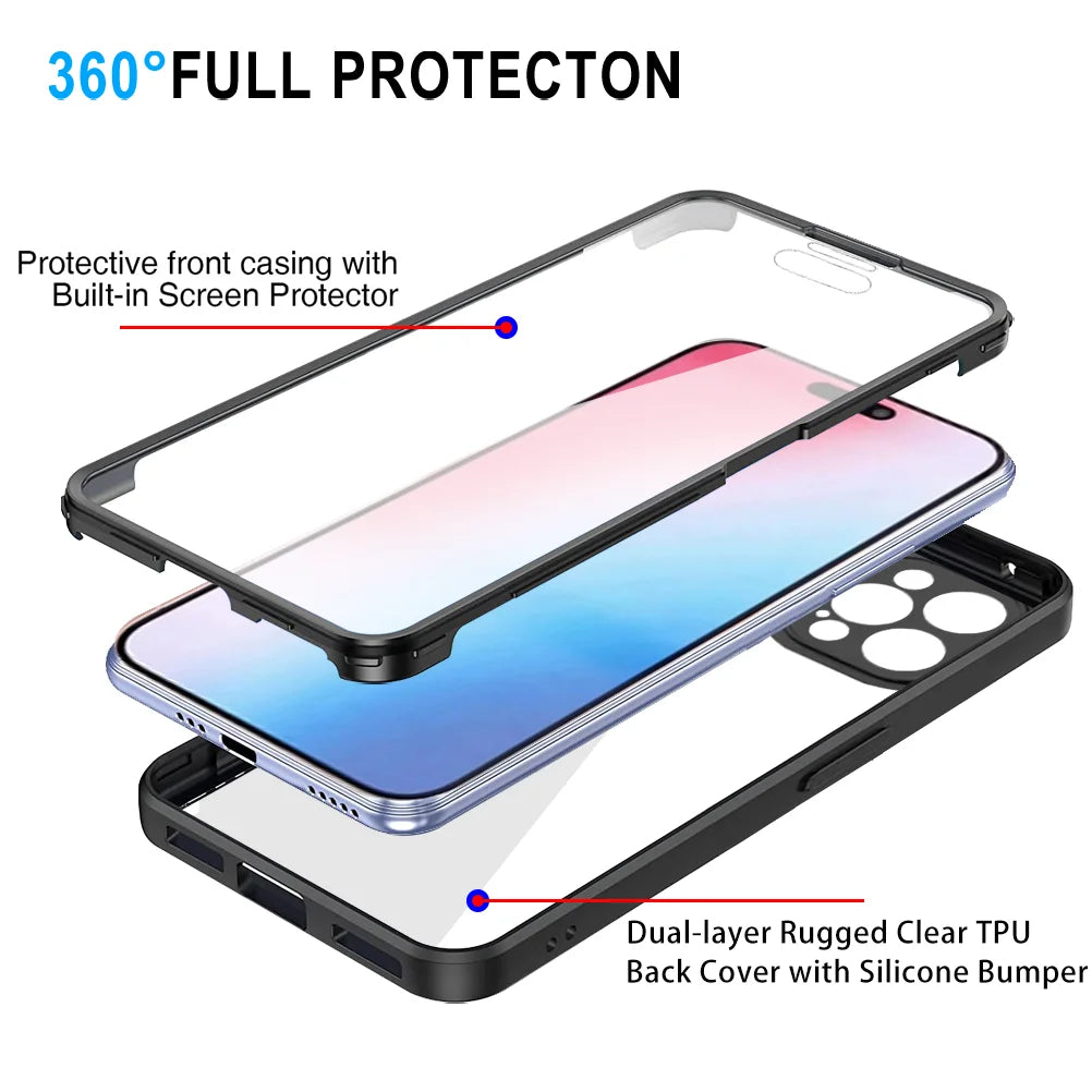 360 Full Body Front+Back Clear Case For iPhone 17 16 15 14 Pro Max Air 13 11 12 Pro Max Plus 16E SE3 Bumper Shockproof Cover