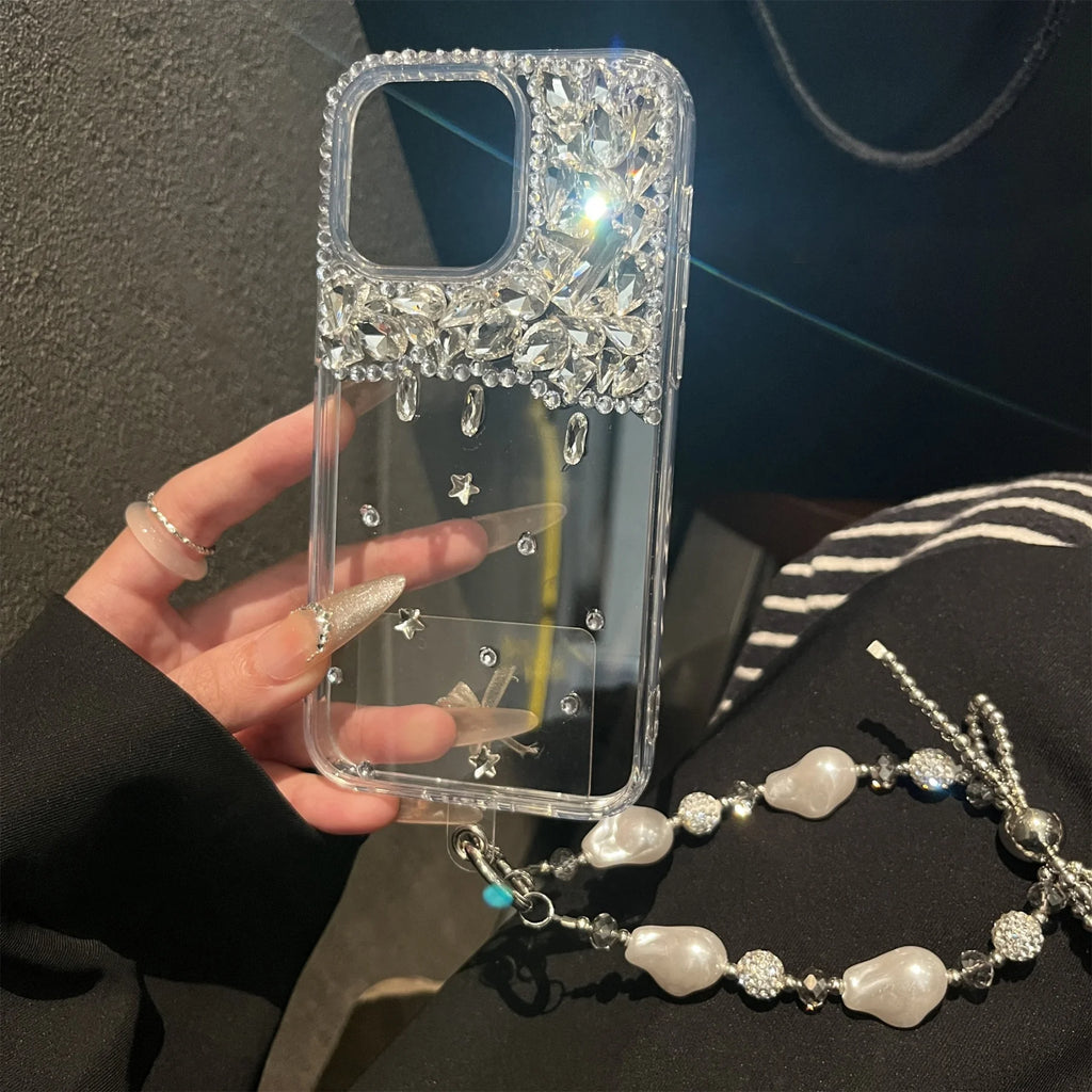 Ins Luxury Senior 3D Half Screen Rhinestones Transparent Clear Phone Case for iPhone 17 16 15 14 Pro Max Shockproof Back Cover