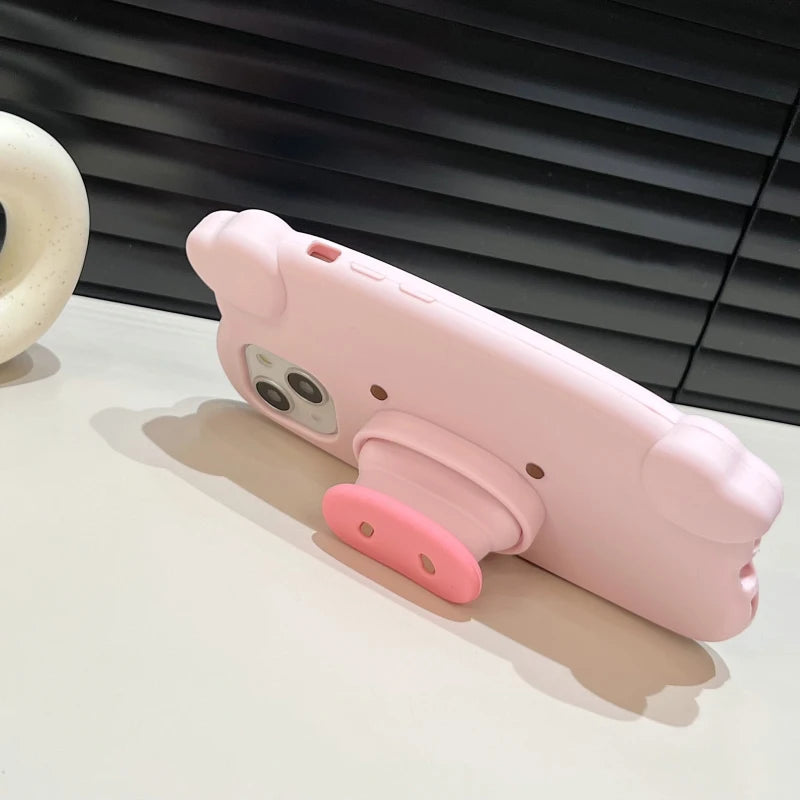 Fun 3D Pink Saliva Pig Nose Invisible Bracket Case For iPhone 13 14 15 16 17 Pro Max Cute Creative Holder Stand Shockproof Cover