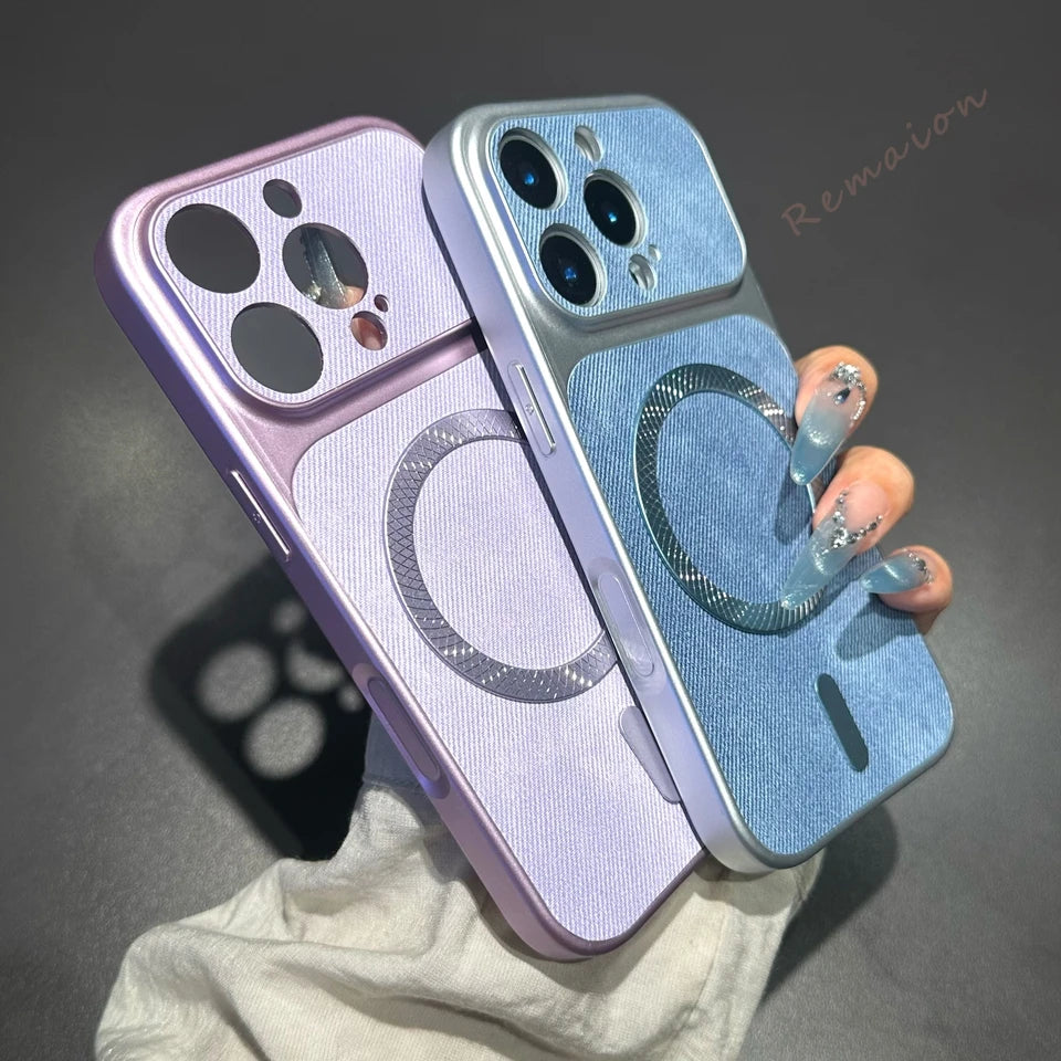Big Windows Magnetic Phone Case For iPhone 13 14 15 16 17 Pro Max Magsafe Luxury Canvas Cloth Shockproof Protector Cover