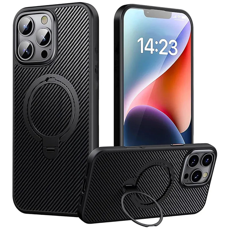 Carbon Fiber Metal Ring Stand Magnetic Case for Magsafe IPhone 15 14 13 12 11 16 Pro Max Plus with Lens Protector Mac Safe Cover