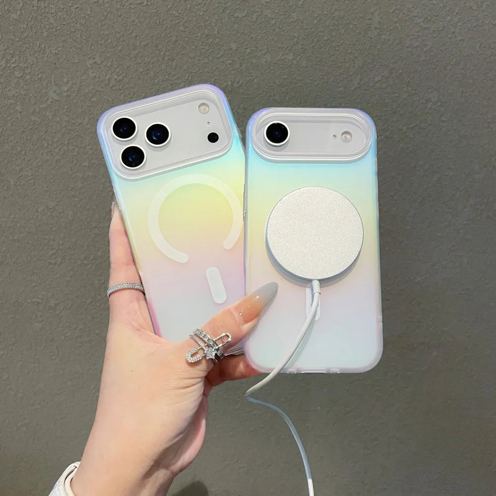 Laser Matte Magnetic Case For iPhone 17 Air 16 15 14 13 12 11 Pro Max Plus 17Pro 16E Wireless Charging Gradient Rainbow Funda