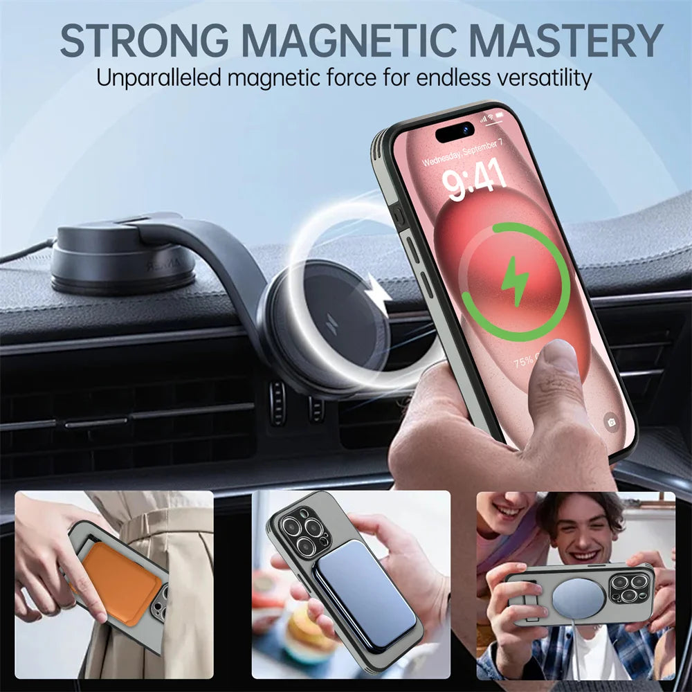 Luxury Magnetic Leather Stand Phone Case For iPhone 17 16 15 14 11 12 13 Pro Max Wireless Charging For Magsafe Shockproof Cover