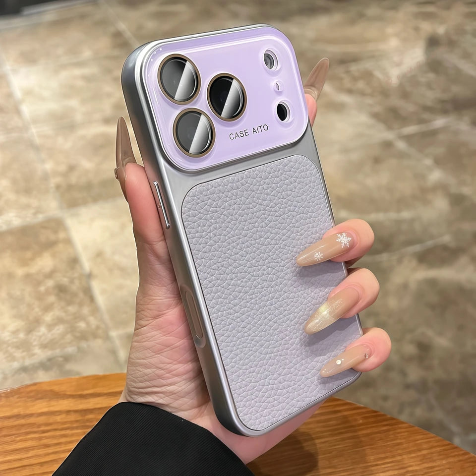 Luxury Candy Color Lychee Leather Case for iPhone 17 16 15 14 13 Pro Max Matte Shockproof Hybrid Glass Camera Protection Cover