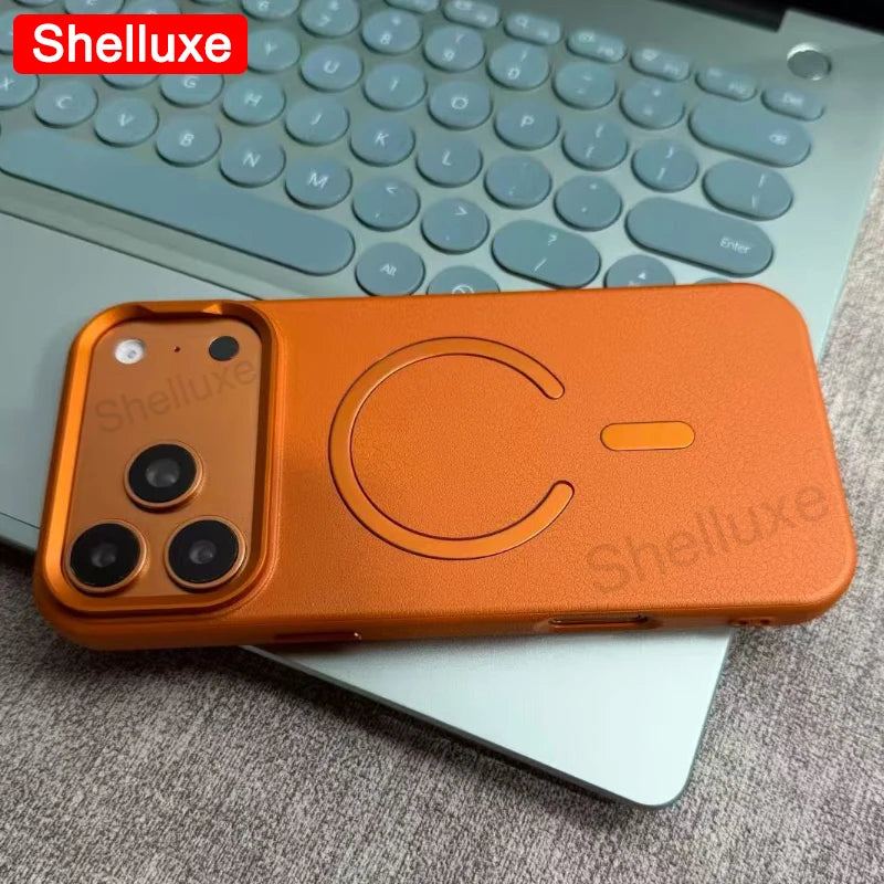 For iPhone17 ProMax Leather Magnetic Phone Case Shelluxe For iPhone 17 Air 16 15 14 13 12 Pro Max Cases Lens Metal-Frame Cover