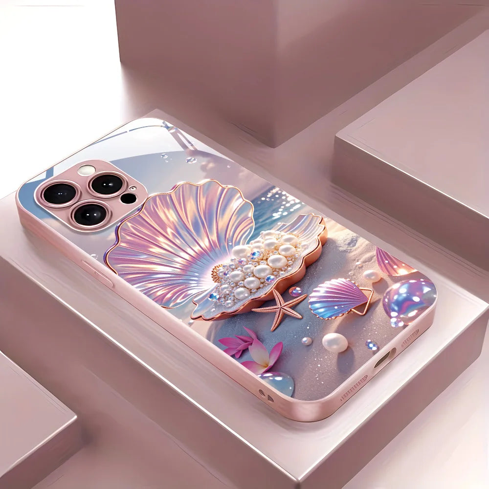 Colored Seashells Tempered Glass Phone Case For iPhone 17 Pro 16 15 17 13 Pro Max 12 11 13 14 Case Cover Shockproof Luxury Pearl
