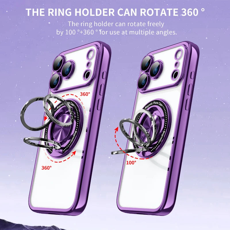 For Magsafe Magnetic 360°Rotat Metal Holder Ring Plating Border Phone Case For iPhone 17 Pro Max Air 15 11 12 13 14 16 Pro Max E
