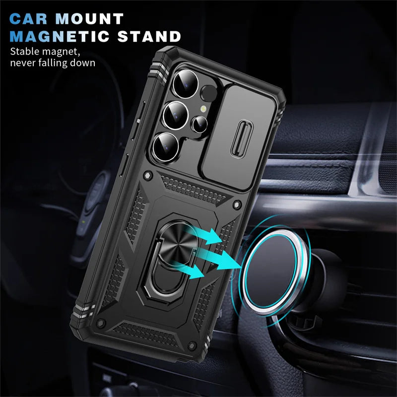 Heavy Duty Armor Phone Case For Samsung Galaxy S25 S24 S23 S22 S21 Ultra S20 FE Plus Note 20 Ultra Lens Protect Ring Stand Cover