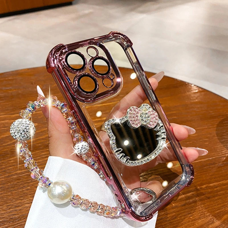 Shockproof Plating TPU Cat Mirror Phone Case For iPhone 17 Pro Max Air 16 16E 15 14 Plus 13 12 Mini 11 With Bracelet