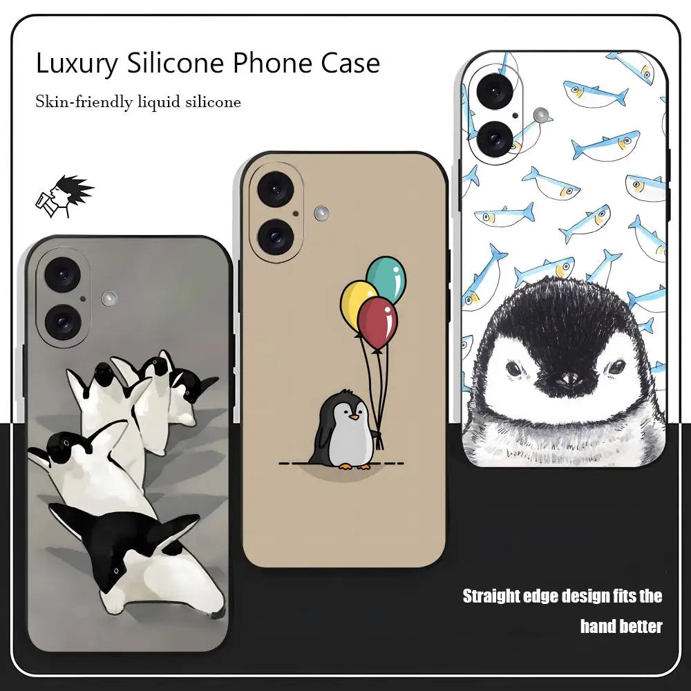 Popular Funny Penguin Art Phone Case For iPhone 17 16 15 14 13 12 X XR XS 8 Plus Mini Pro Max Soft black Shockproof Cover