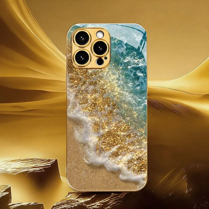 The new seaside beach pattern electroplated glass phone case is suitable for iPhone 17, 16, 15, 14, 13, 12, 11, etc.