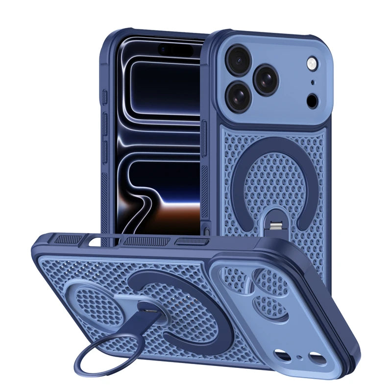 360° Rotating Ring Holder Magnetic Mesh Heat Dissipation Case for iPhone 16 15 14 13 12 11 17 Pro Max Air Plus For Magsafe Cover