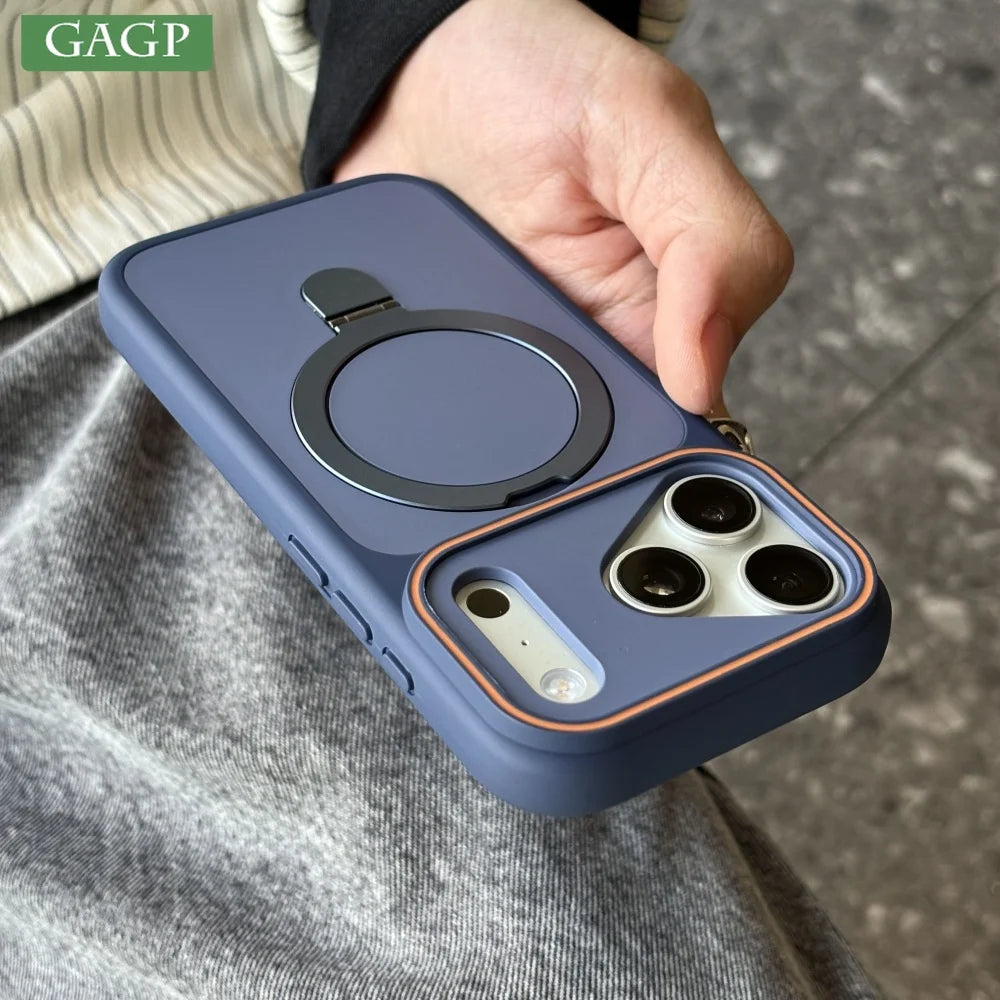Luxury Metal Ring Holder For Magsafe Case For iPhone 17 Pro Max 16 Plus 15 Pro 14 13 12 11 Magnetic Matte Bumper PC Cover Funda