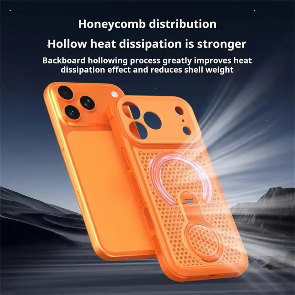 Heat Dissipation Magnetic Phone Case for iPhone 17 16 15 14 13 12 11 Pro Max 17 Air 16 Plus Ring Rotating Stand Shockproof Cover