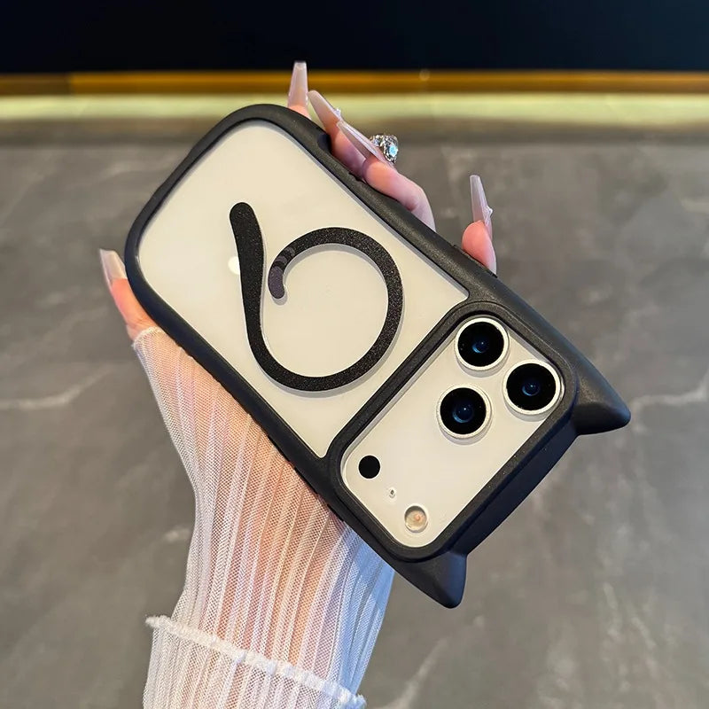 For Magsafe Cartoon Cat Ear Transparent PC Case for iPhone 17 16 Pro Max 14 15 Plus 13 12 11 Magnetic Wireless Charging Cover