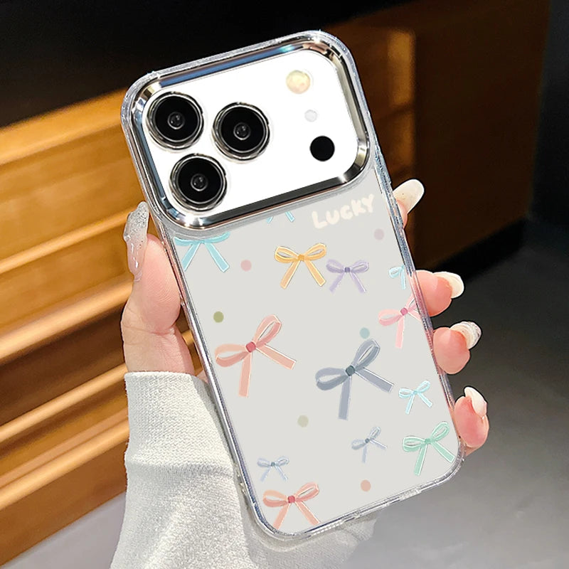 Cute Pink Bow Pattern Transparent Phone Case For iPhone 17 16 15 14 13 12 Pro Max 17 Pro Air 12 11 Plating Lens Frame Soft Cover
