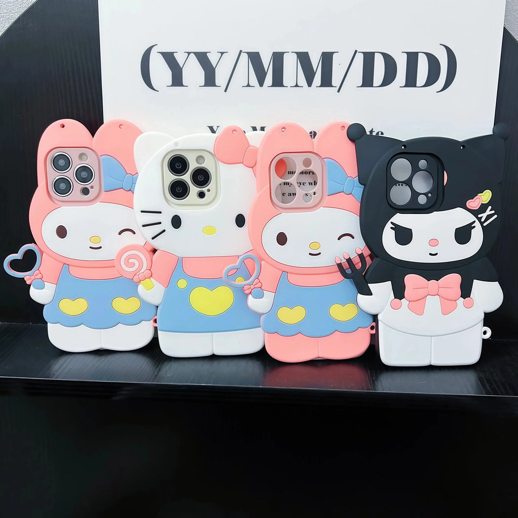 Cartoon 3D Hello Kitty Kuromi Melody Phone Case For iPhone 17 16 15 14 13 12 11 Pro Max Plus 16e 6 7 8 Plus Silicone Back Cover