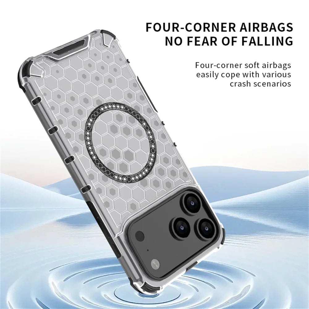 Luxury Clear Honeycomb Armour Magnetic Case for iPhone 17 Air 16 15 14 13 12 11 Pro Max 16E Shockproof Bumper Protective Cover