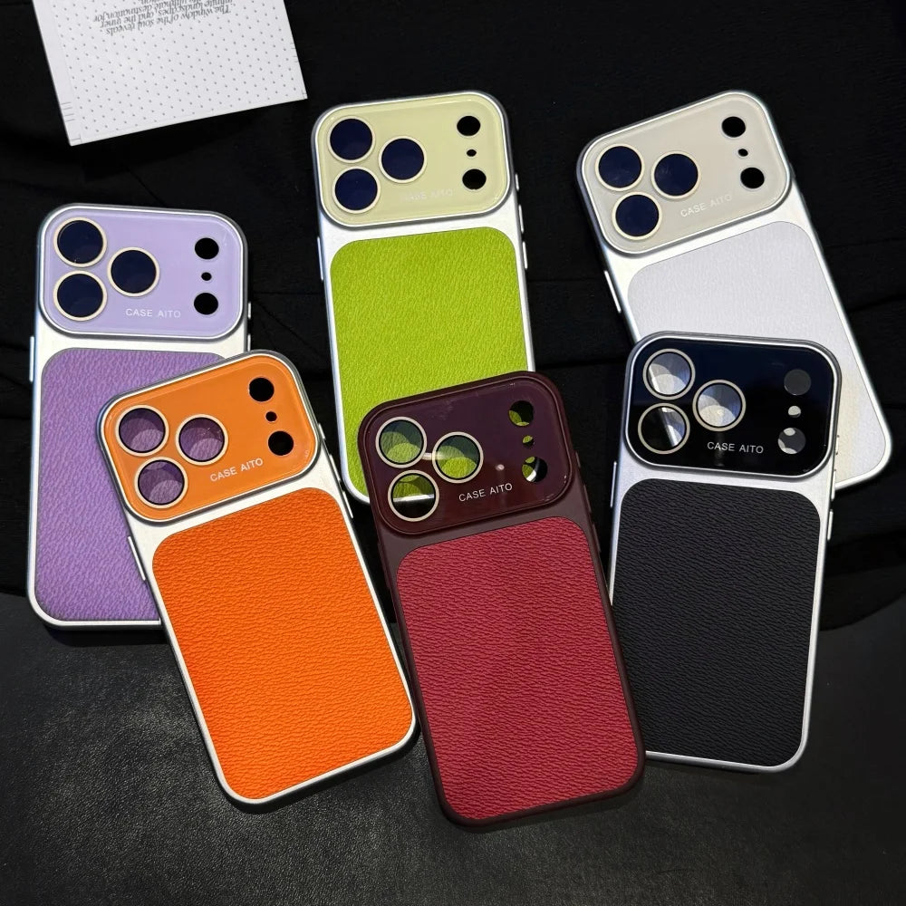 Luxury New Solid Color Leather Texture Phone Case For iPhone 17 16 15 14 Pro Max 13 Bumper Crystal Large Window Shockproof Cover