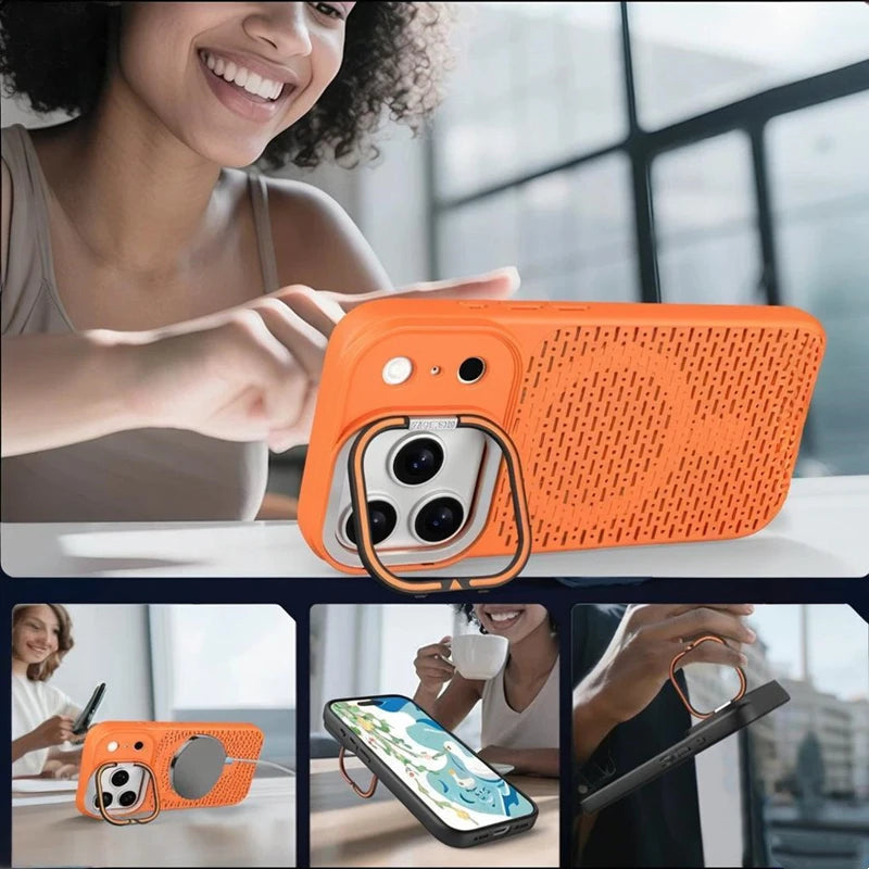 Invisible Bracket Heat Dissipation Stand Case for iPhone 17 16 15 14 Plus 13 12 11 Pro Max Cooling Breathable Magnetic Cover