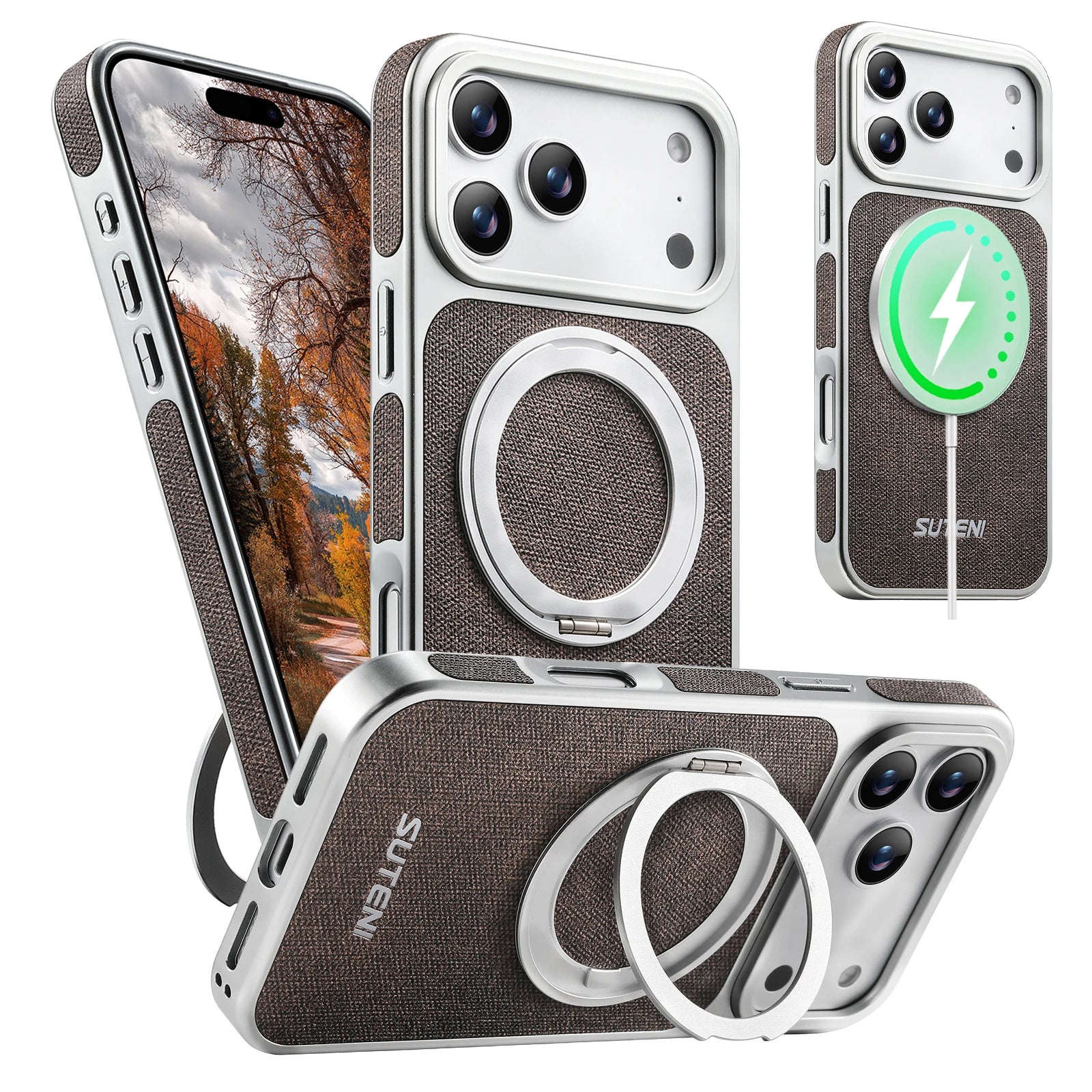 SUTENI Faux Leather Magnet Wireless Charging Phone Case 360° Rotating Stand Ring Buckle Frosted Feel For iPhone 17 Pro Max 16 15