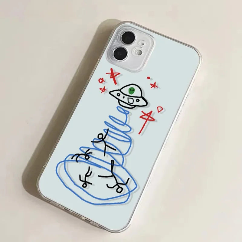 Graffiti Alien UFO Creative Cartoon Soft Phone Case For iPhone 16 15 14 13 12 11 Pro XR X Max 7 8 Plus MINI Y2K Cute Clear Cover
