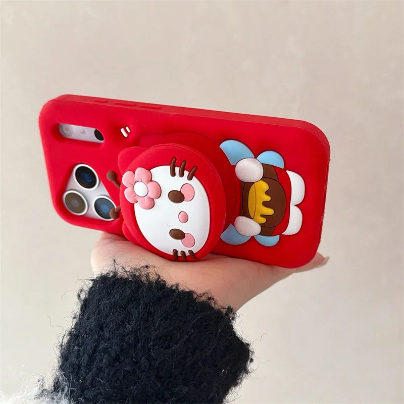 For iPhone 17 16 15 14 13 12 11 Pro Max Plus Sanrio Cute 3D Cartoon Bee Hello Kitty Phone Case Stand Holder Silicone Cover